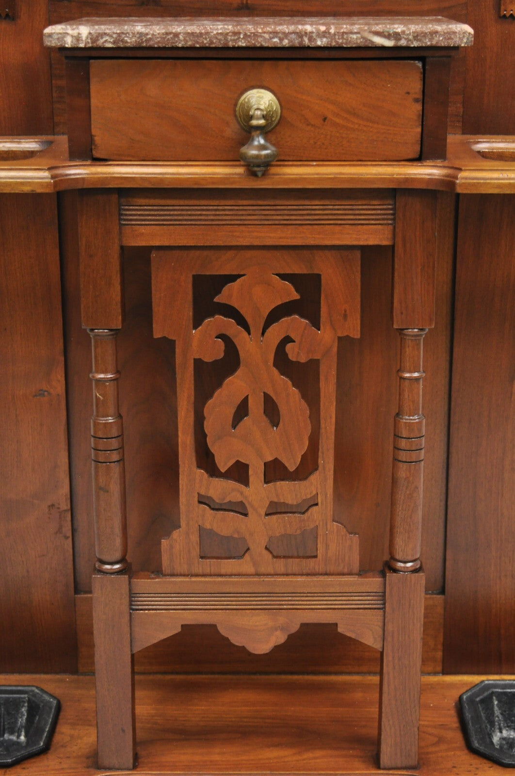 Antique Eastlake Victorian Walnut Marble Top Umbrella Stand Hall Tree Mirror