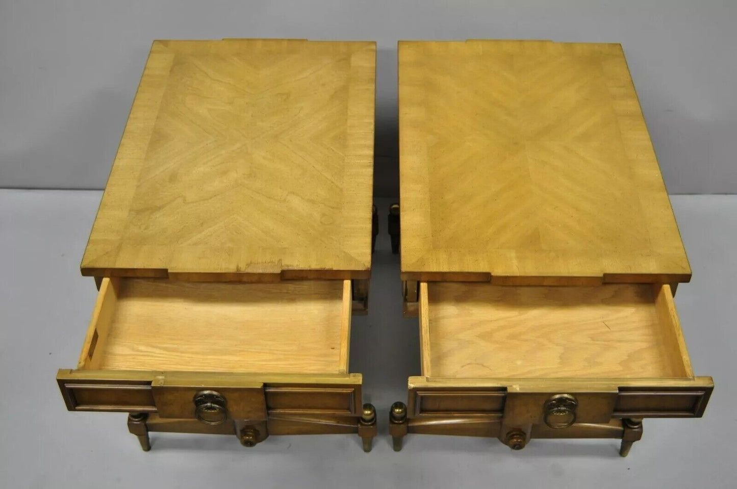 Vintage Weiman Kameo French Regency Style Banded Walnut End Tables - a Pair