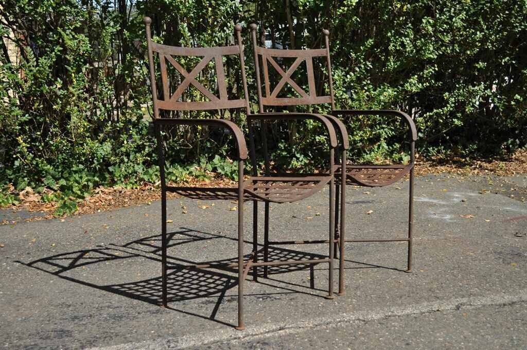 Vtg Neoclassical Regency Style Iron X Form Stretcher Garden Arm Chairs - a Pair