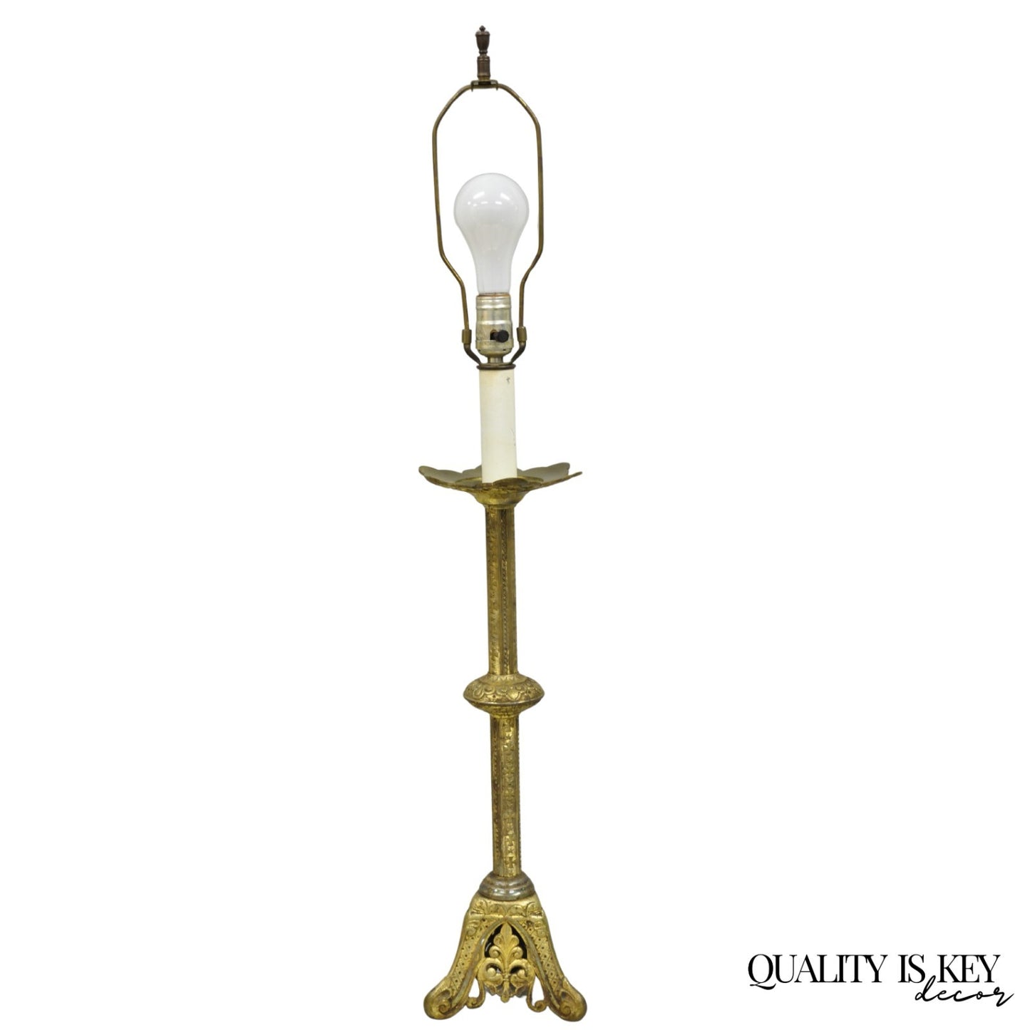 Antique French Renaissance Brass Religious Church Candlestick Table Lamp