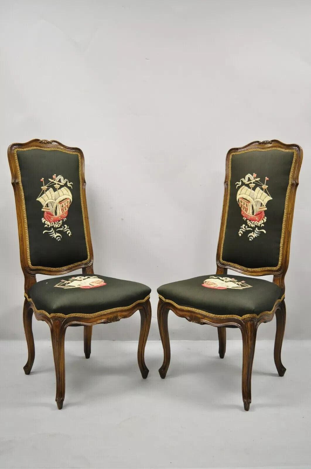 French Provincial Louis XV Walnut Side Chairs w/ Ship Boat Crewel Work - a Pair