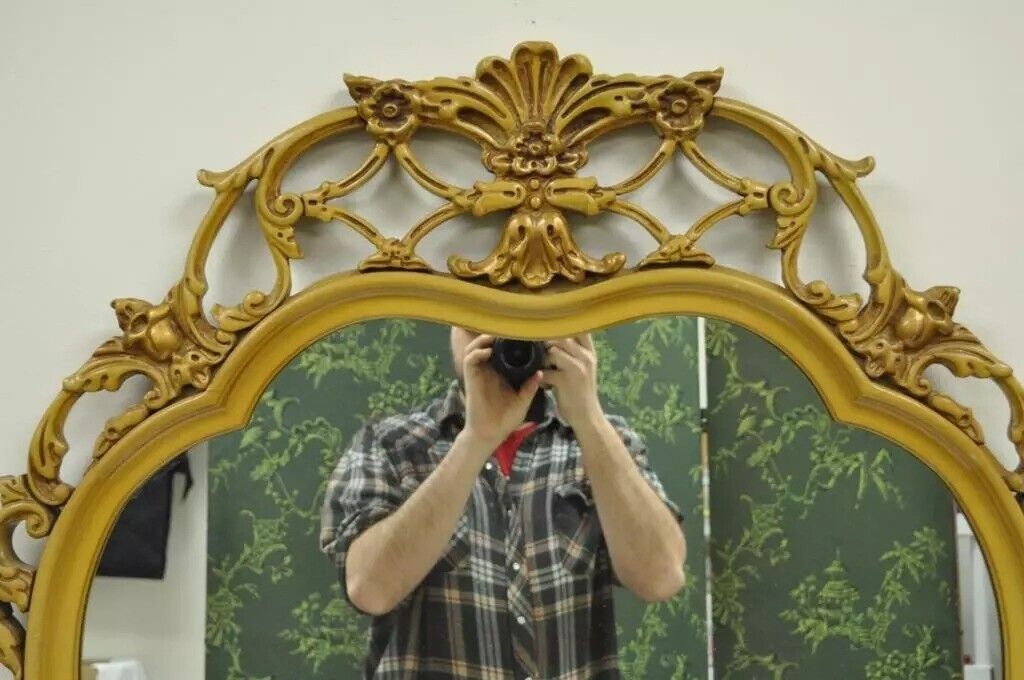 Vintage French Louis XV Style Floral Carved Wood Yellow Painted Wall Mirror