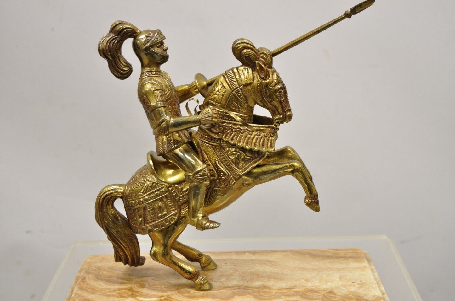 Cast Metal Marble Base Renaissance Style Gothic Soldier on Horse Statue Figure