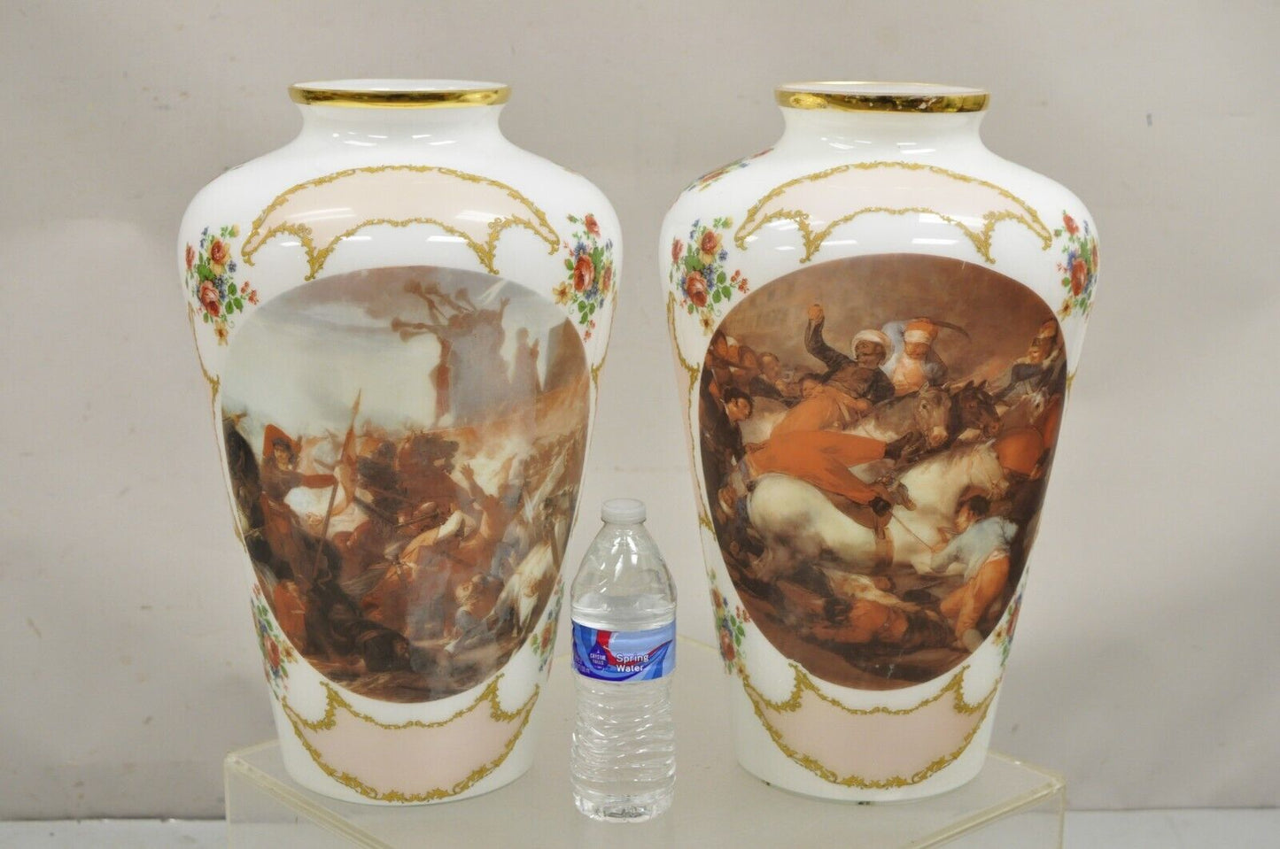 Vintage French Style Large White Blown Glass Transfer Scene Jar Vases - a Pair