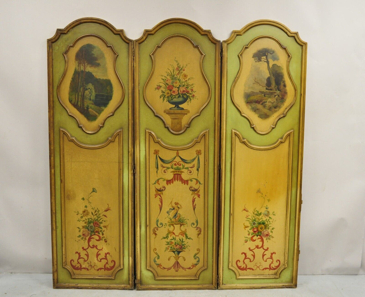 Antique French Louis XV Green Painted Parrot 3 Panel Venetian Room Screen (C)