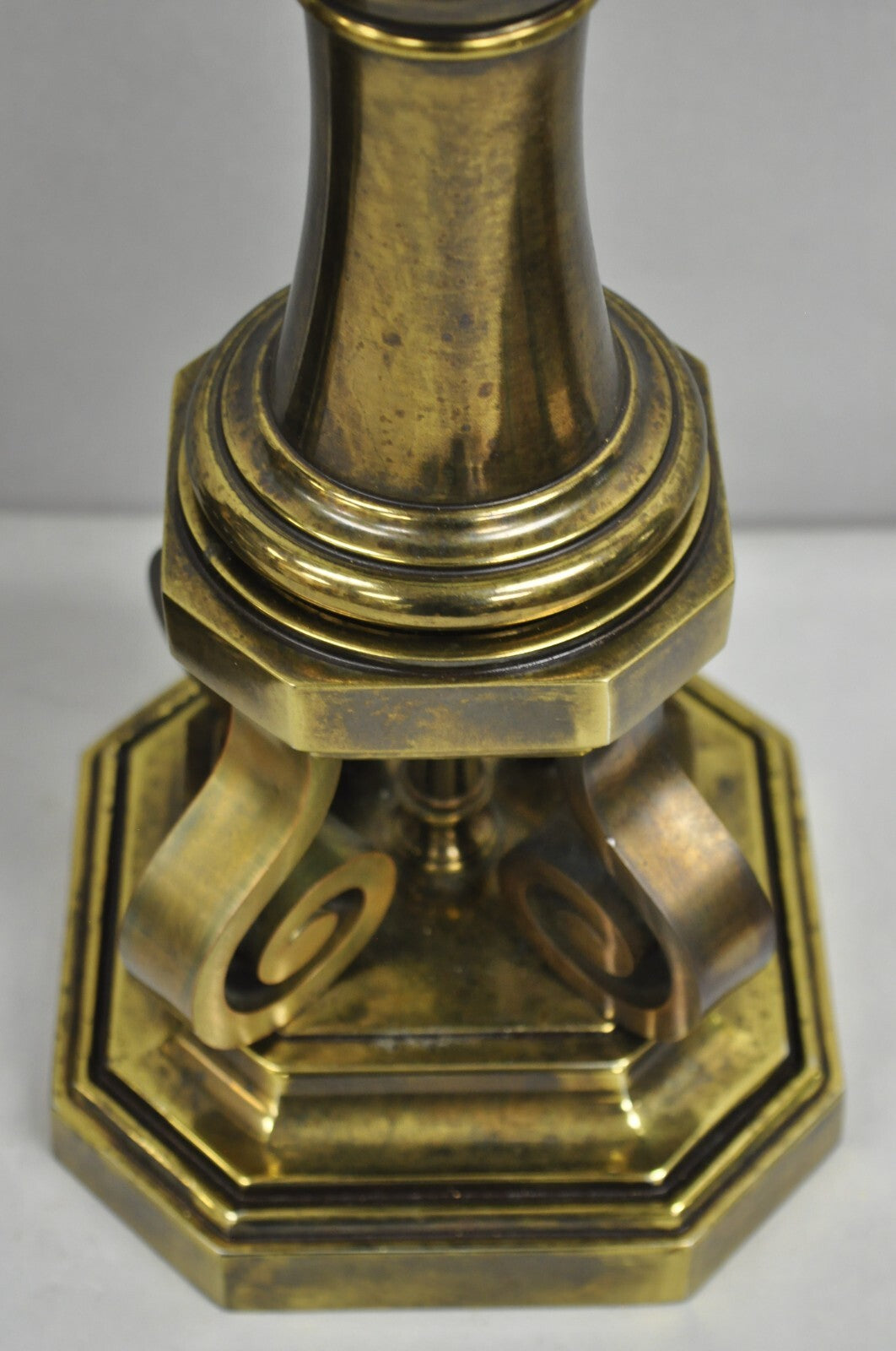 Vintage Hollywood Regency Burnished Brass Tall Candlestick Table Lamps - a Pair