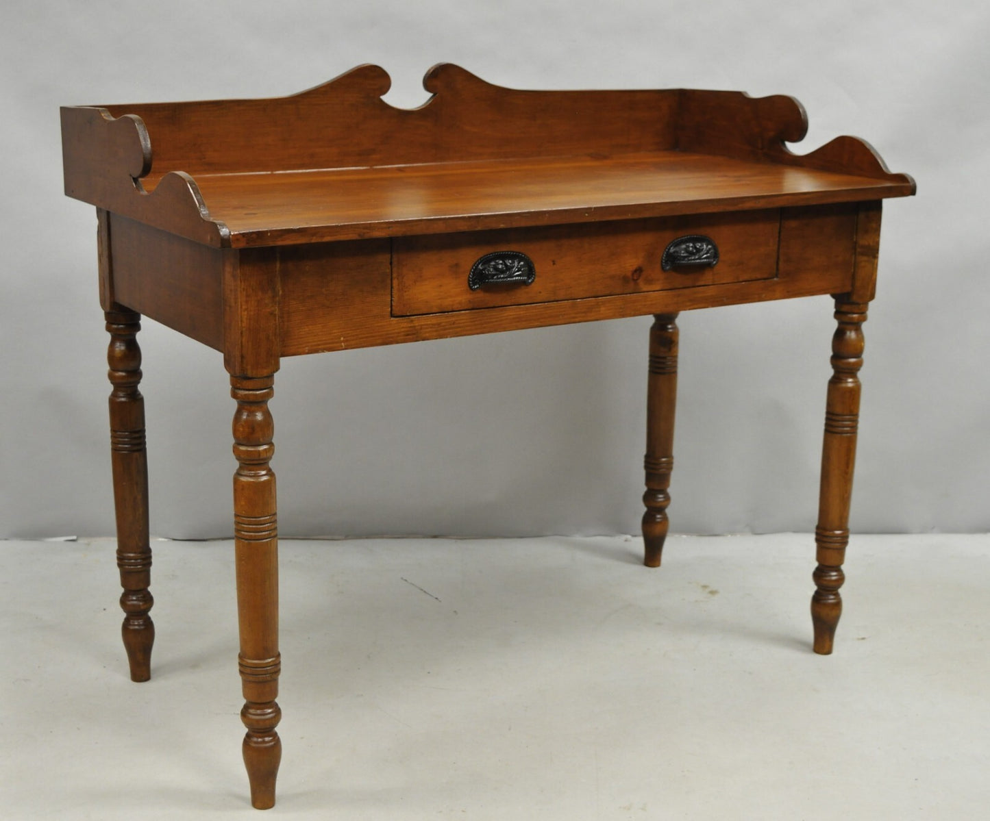 Antique Primitive Colonial Pine Wood 1 Drawer Work Table Desk w/ Backsplash