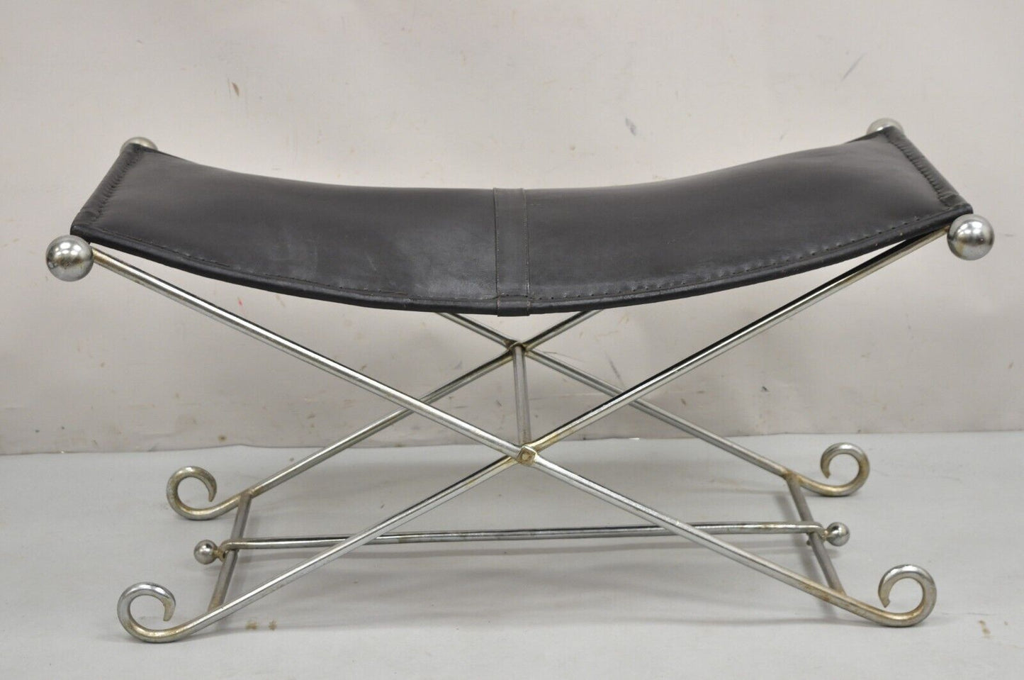 Modern Regency Style Folding Iron Metal Bench w/ Black Saddle Leather Seat