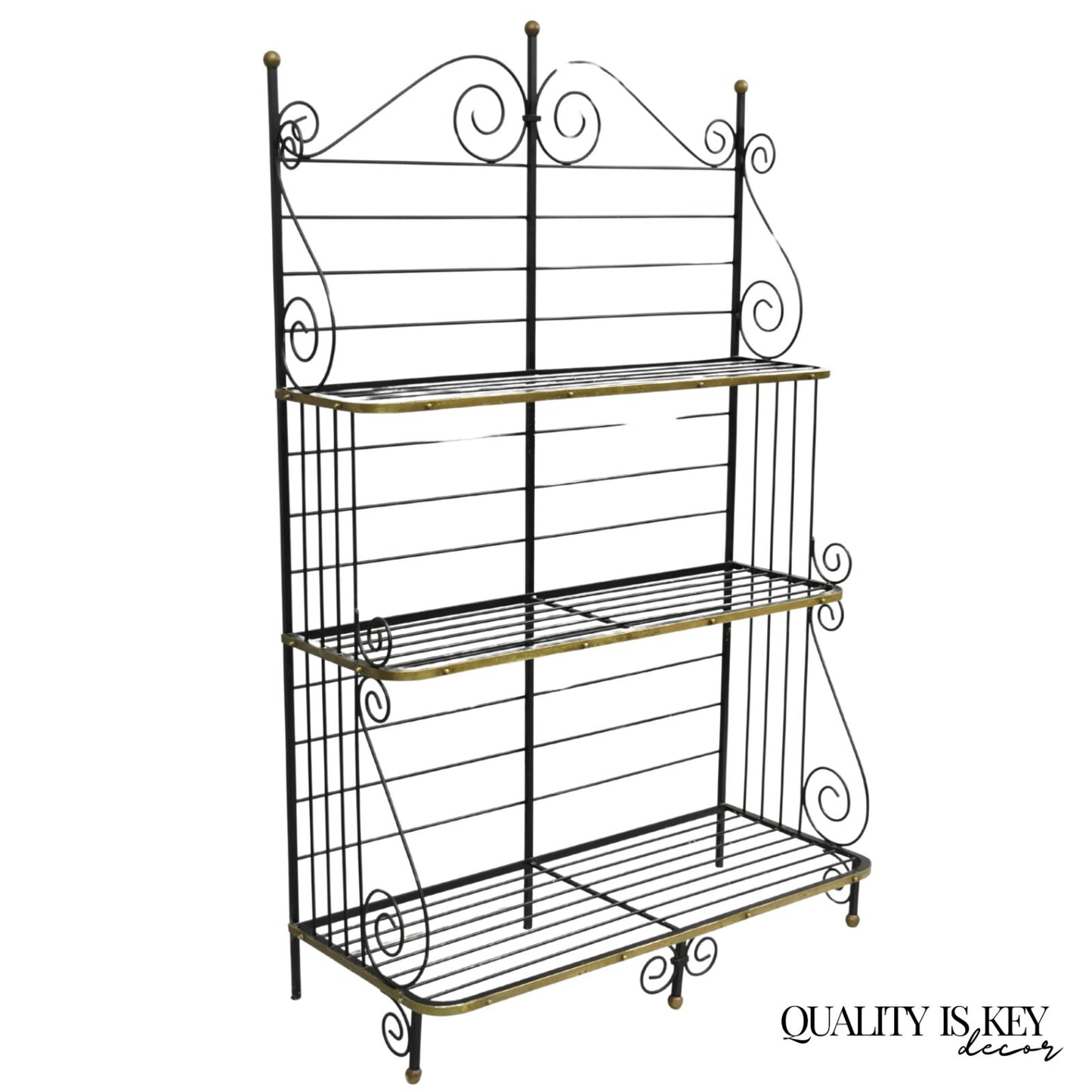 Vintage French Bakers Rack 3 Tier Scrolling Wrought Iron and Brass Etagere