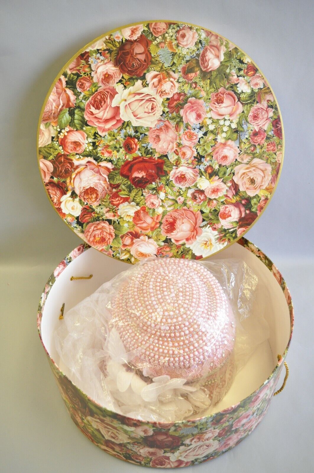 Shellie McDowell Pink Lace Iridescent Pearl Rhinestones Church Derby Crown Hat