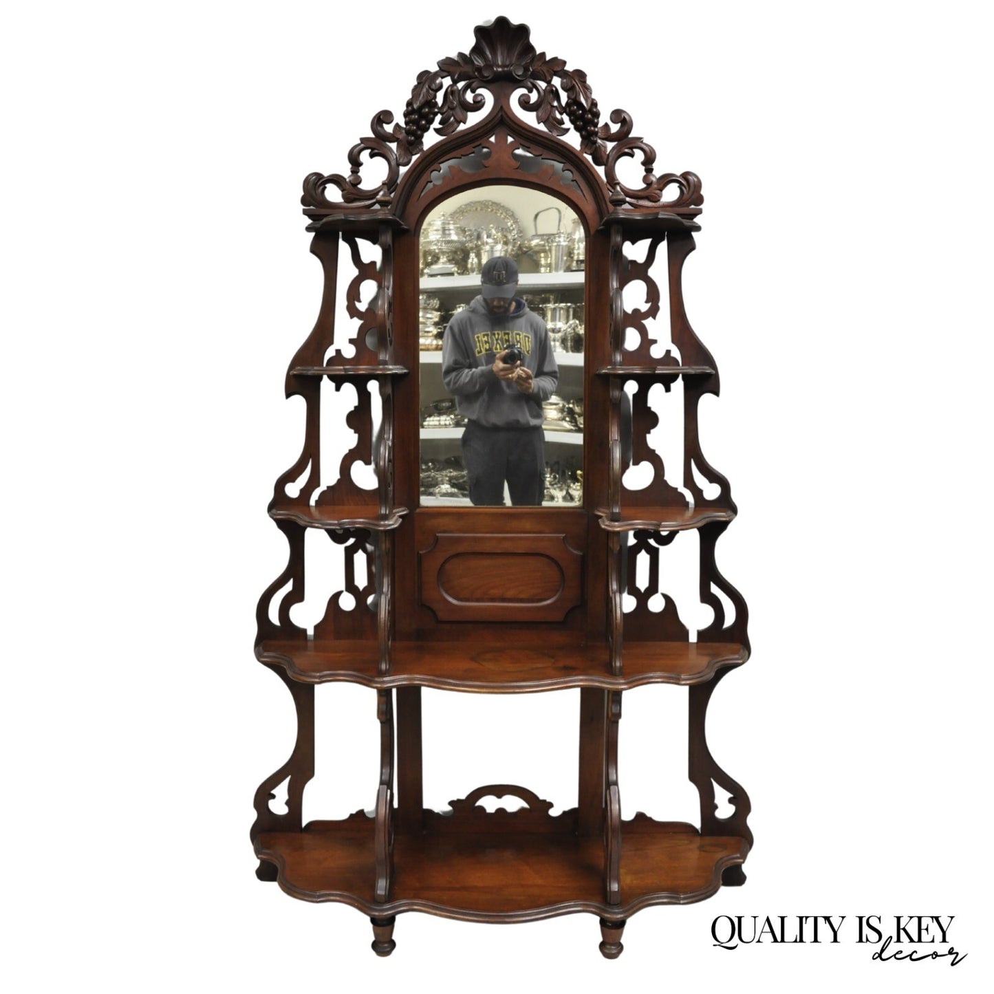 Antique Victorian Rococo Grapevine Carved Walnut Etagere Curio Shelf w/ Mirror