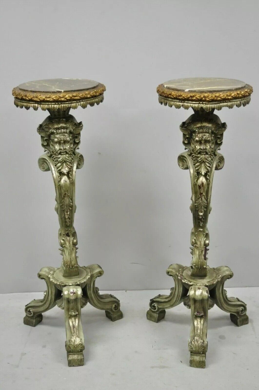 Italian Baroque Style Marble Top Figural Bearded Man Pedestal Stands - a Pair