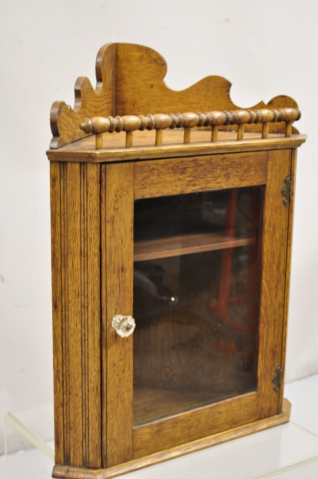 Antique Victorian Golden Oak Wood Glass One Door Corner Wall Curio Cabinet