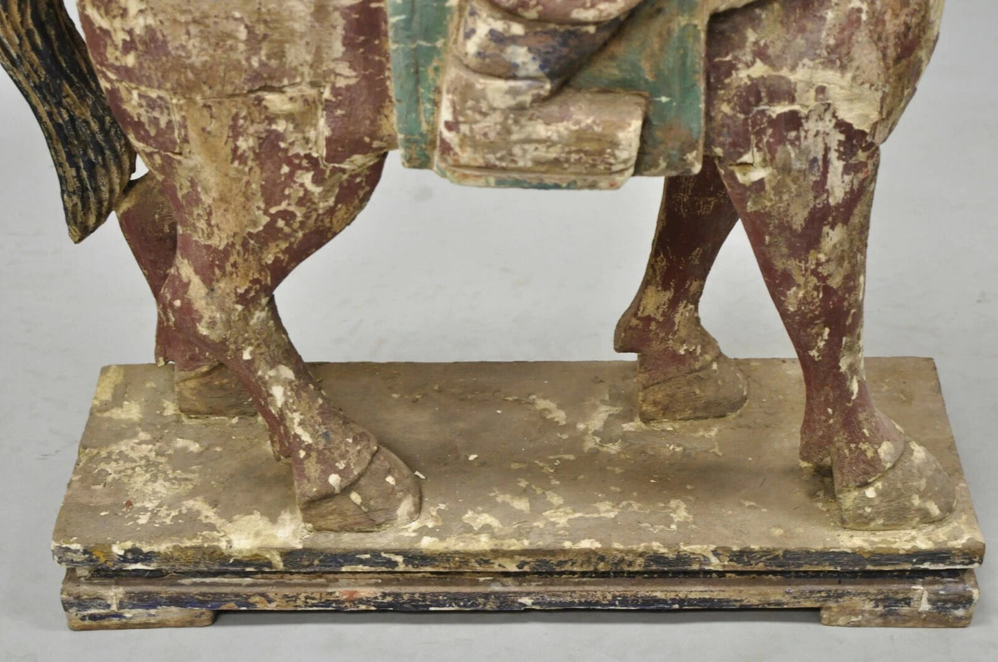 Chinese Polychrome Carved Wood Tang Horse and Rider Statue Sculpture