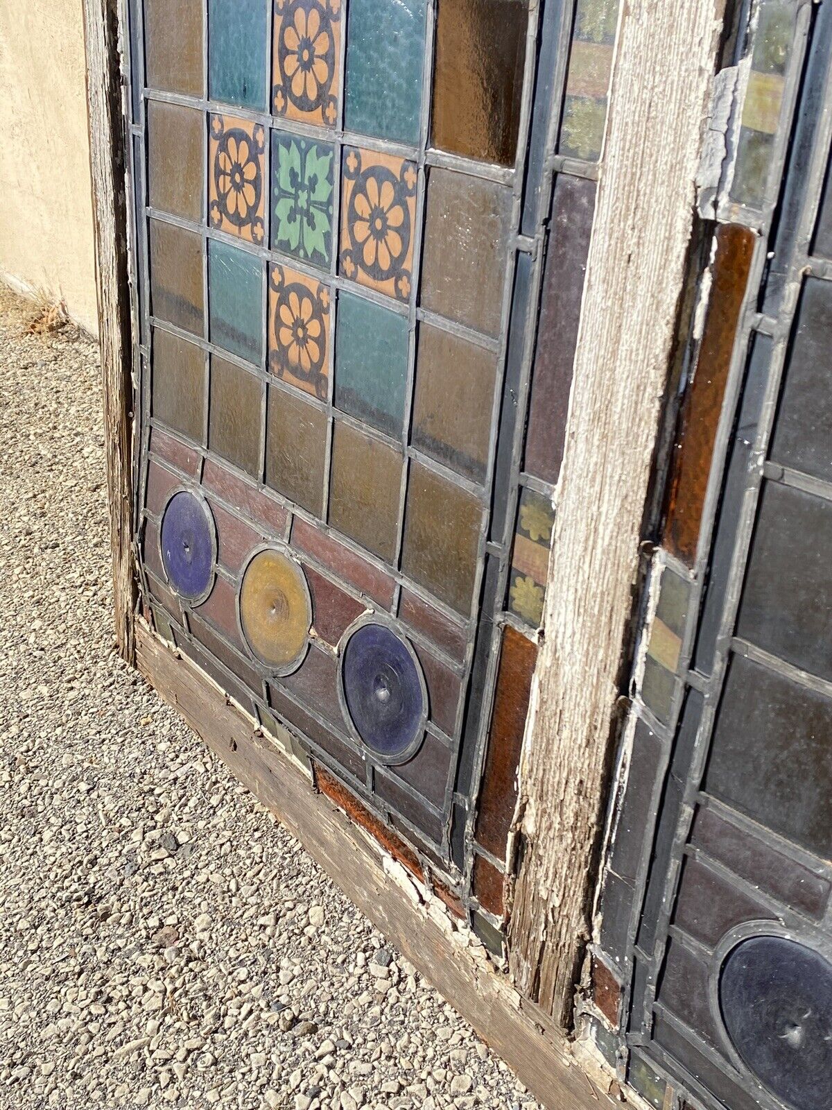 Antique Victorian 70 x 48 Double Stained Glass Window Pink Blue Green Jeweled