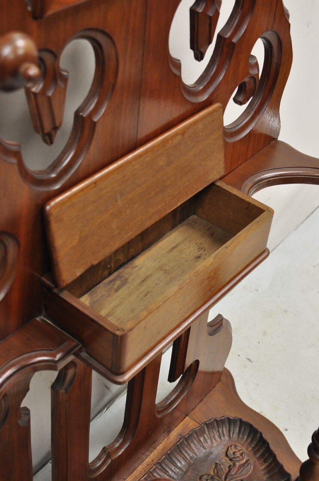 Antique Eastlake Victorian Walnut Coat Hall Tree Umbrella Stand with Mirror