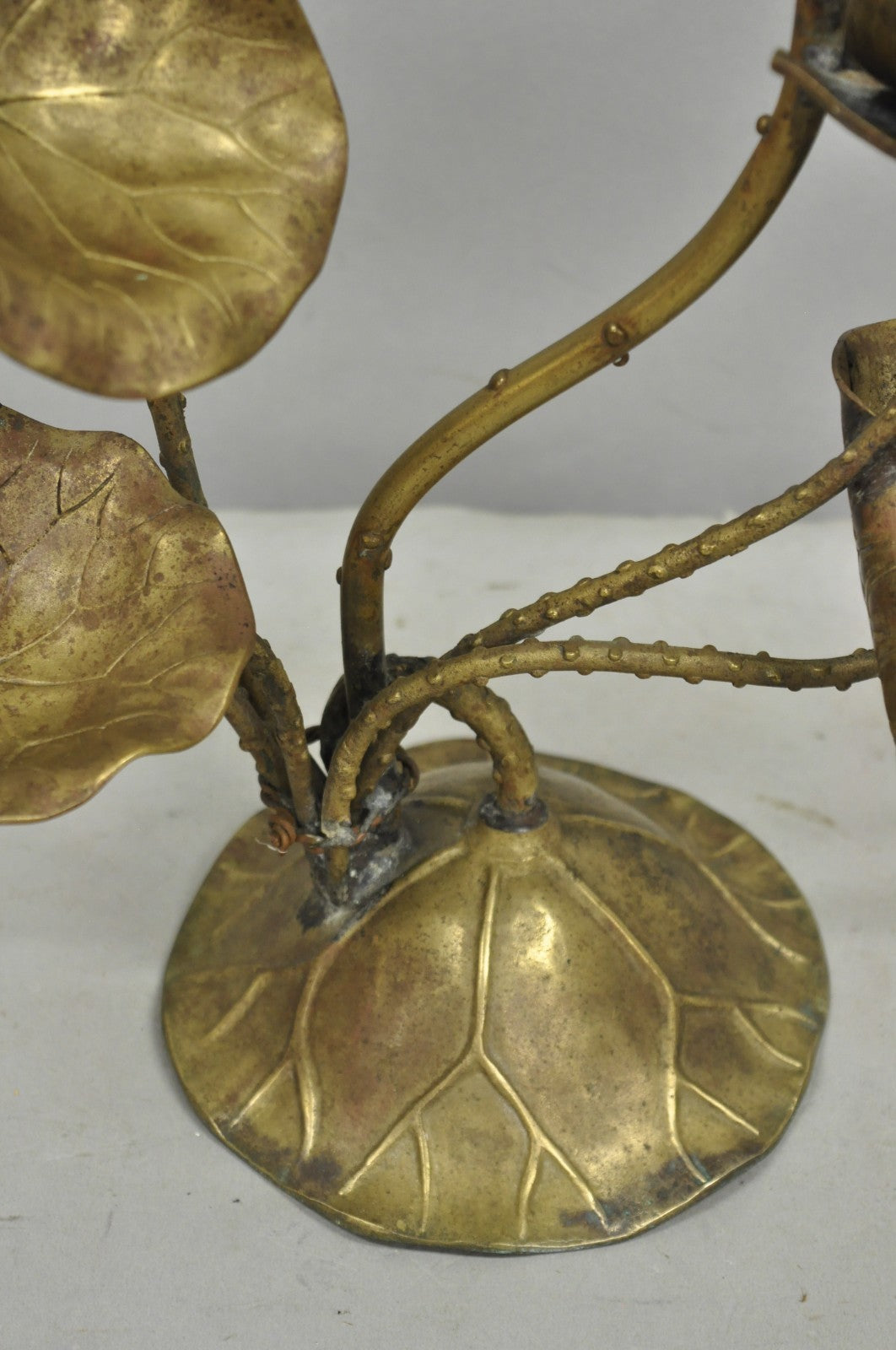 Vintage Hollywood Regency Brass Lotus Leaf Lily Pad Single Candlestick Holder
