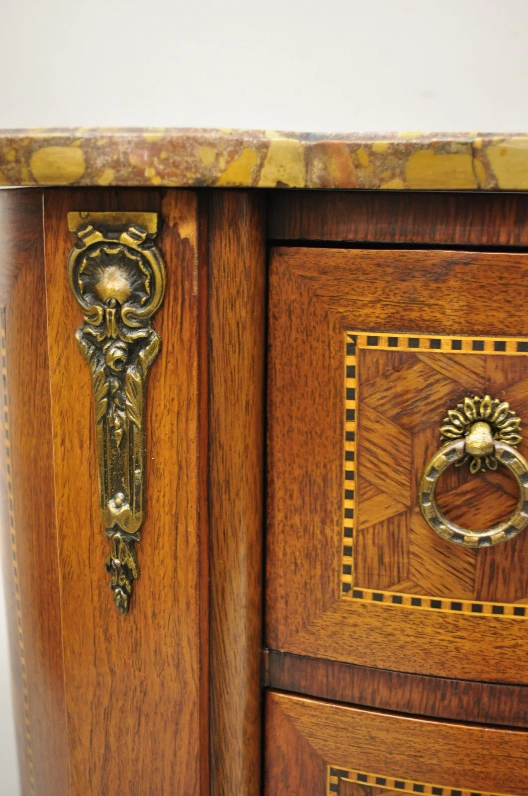 Antique French Louis XV Style Marble Top Bombe Commode Nightstand Side Table