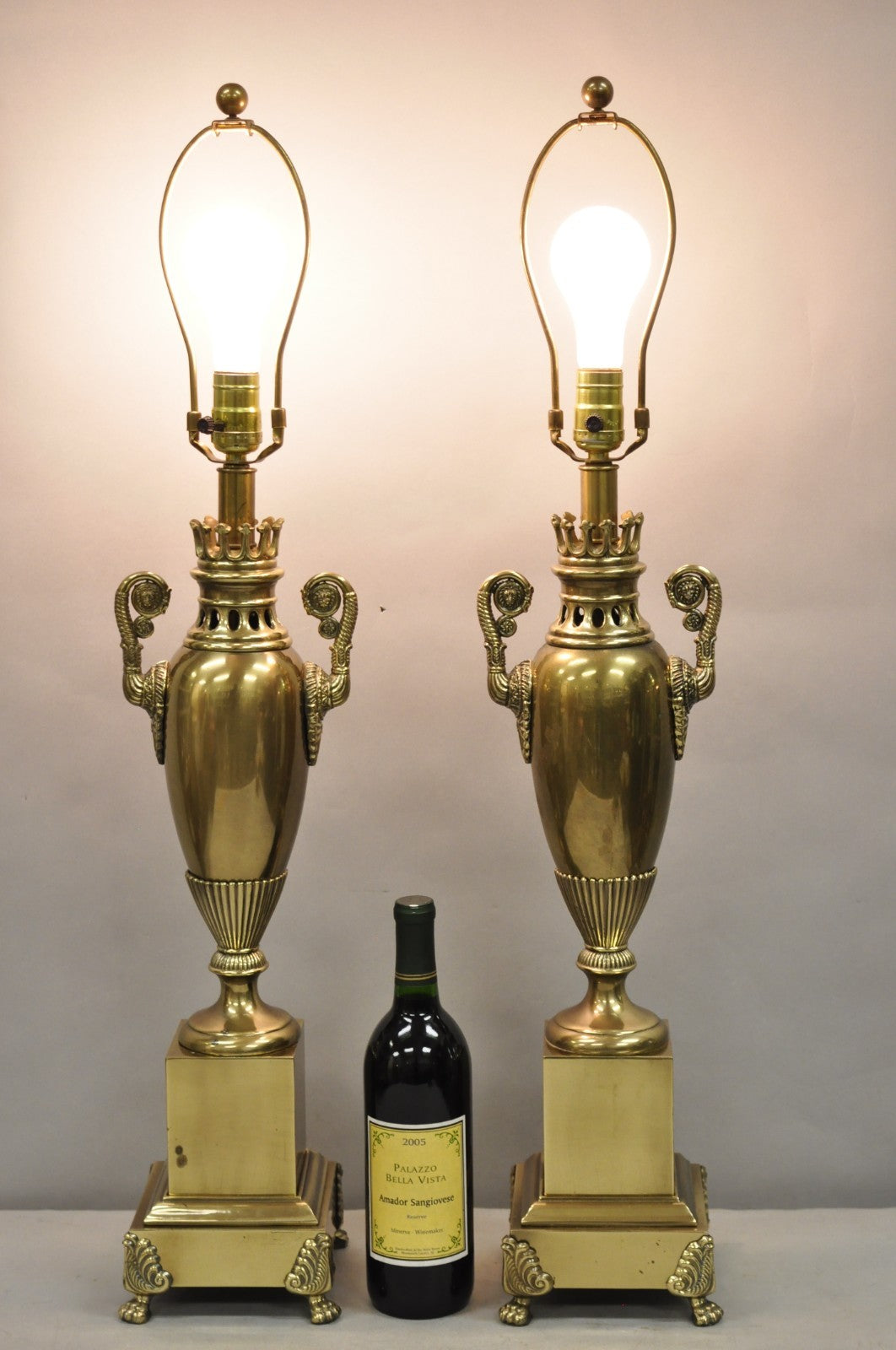Vintage French Empire Neoclassical Brass Urn Form Table Lamps by Tyndale - Pair