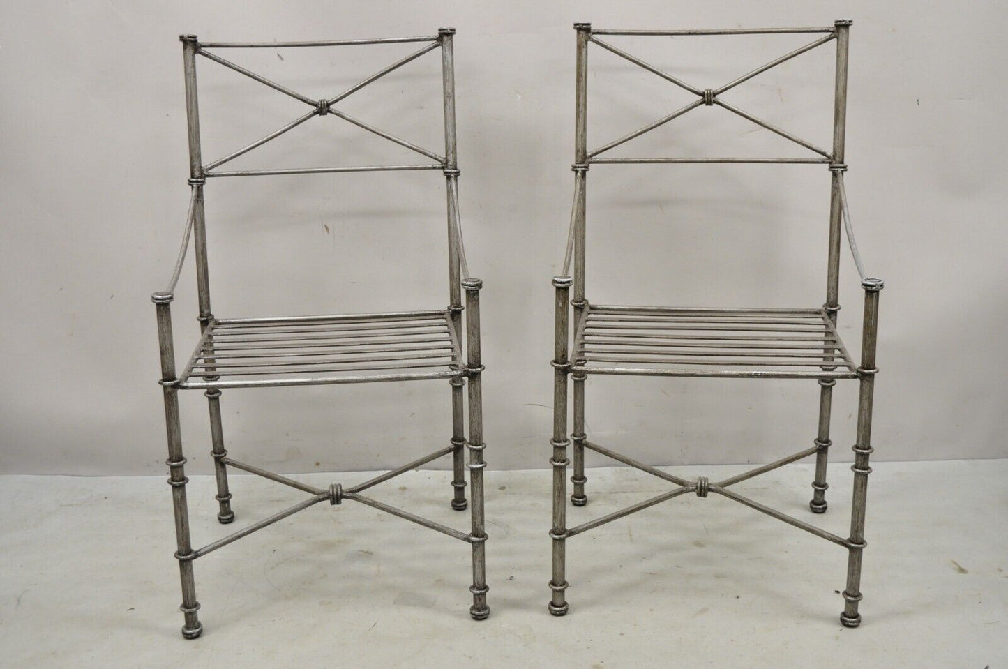 Pier 1 Medici Pewter Wrought Iron Dining Side Chairs - a Pair