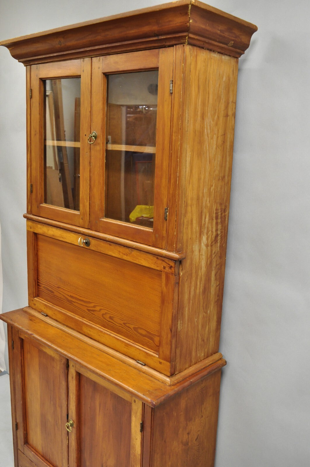 Antique Primitive Country Farmhouse Pine Wood Secretary Bookcase Cupboard