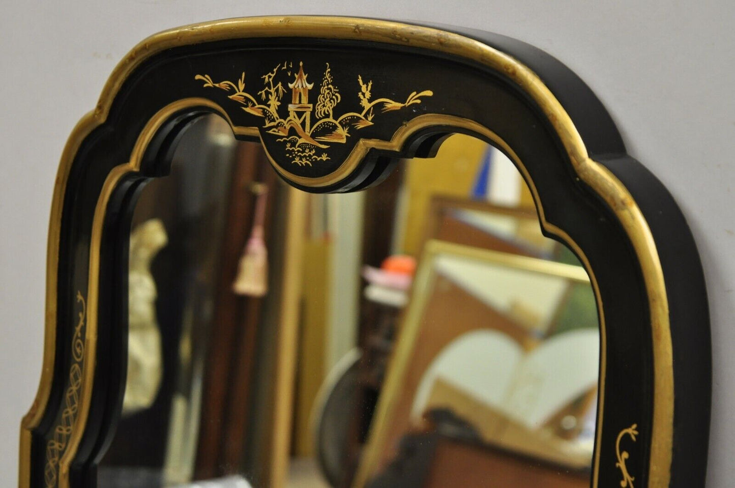 Vintage Chinoiserie Drexel Et Cetera Style Black Gold Arch Wall Mirror