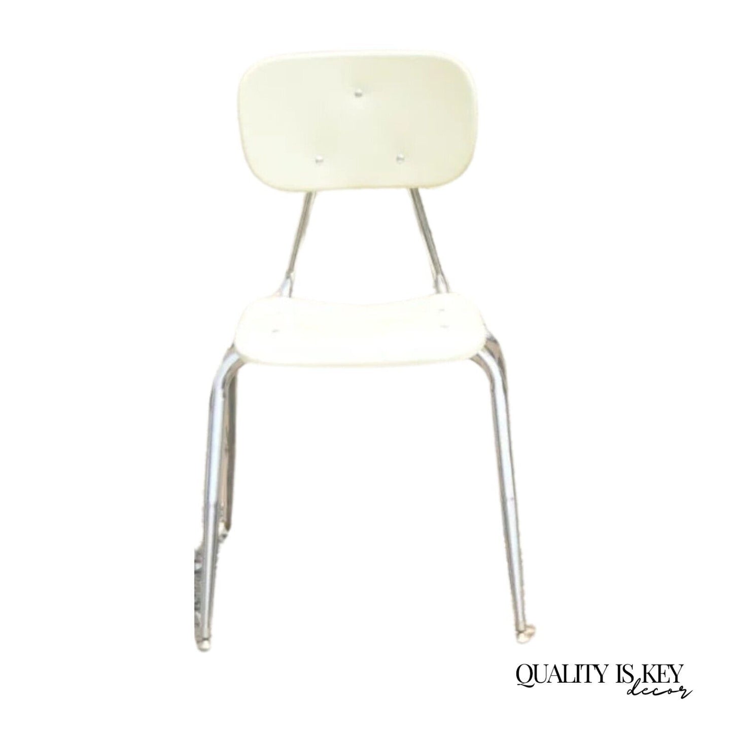 Vintage Beige Molded Plastic Chrome Metal Base Stacking School Side Chair Single