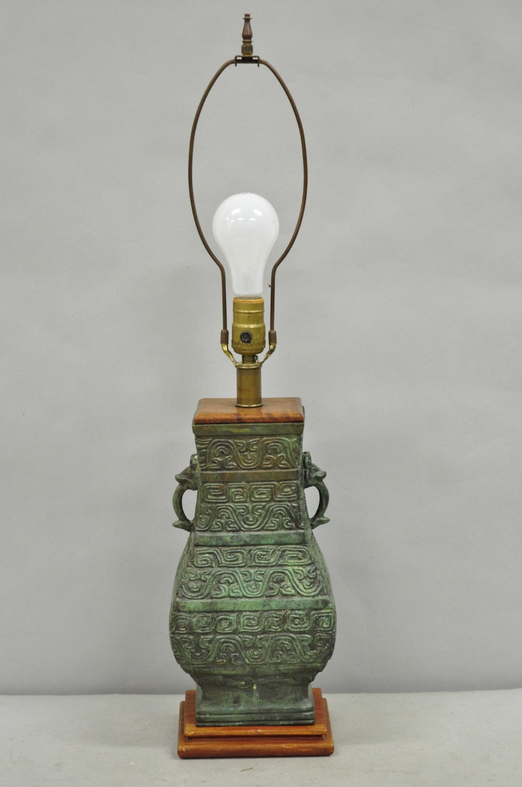 Vintage Oriental Verdigris Green Archaic Bronze Figural Chinese Table Lamp
