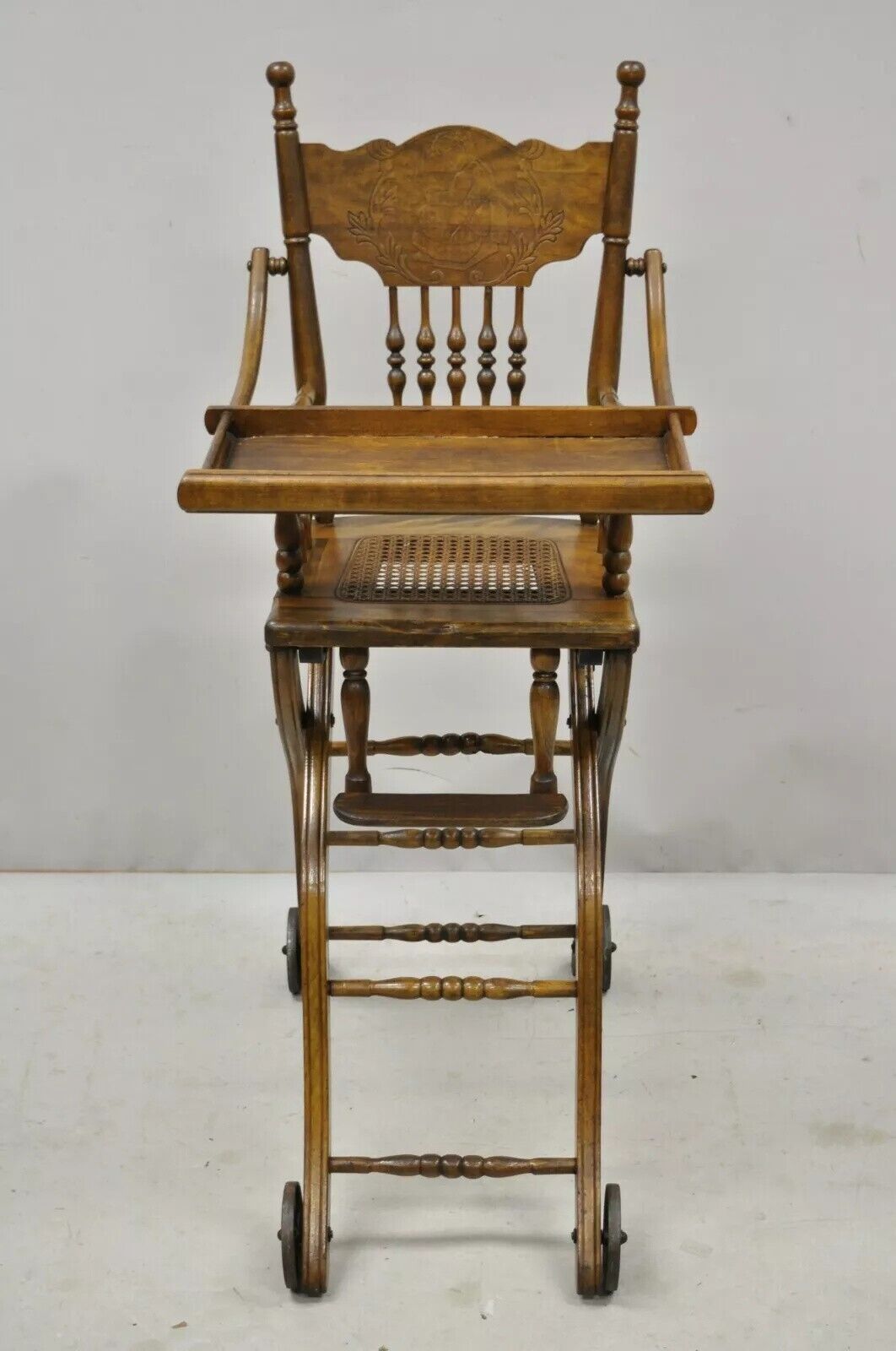 Antique Victorian Oak Convertible Pressed Back High Chair Baby Stroller