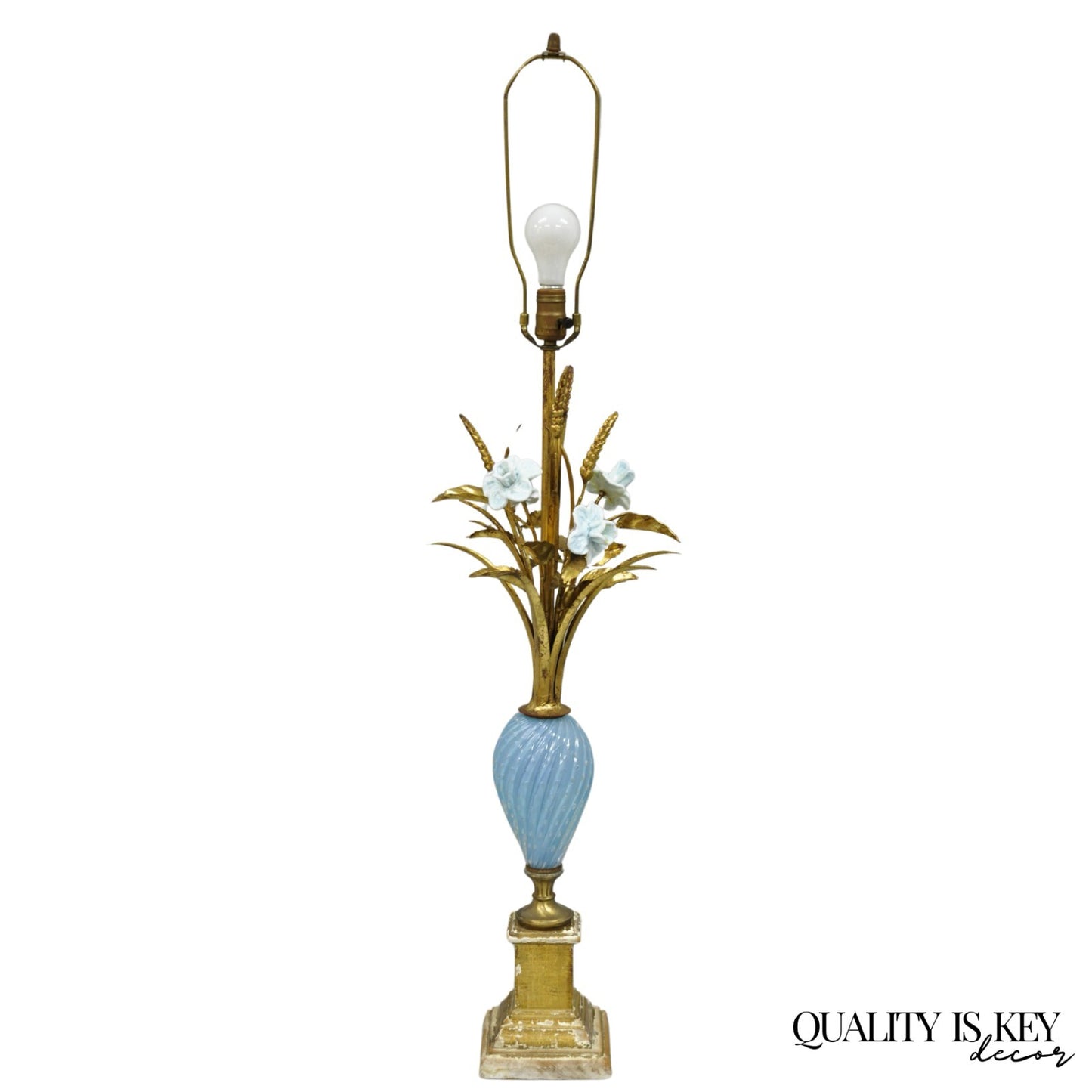 Italian Hollywood Regency Blue Murano Glass Gold Leaf Wheat Sheaf Table Lamp