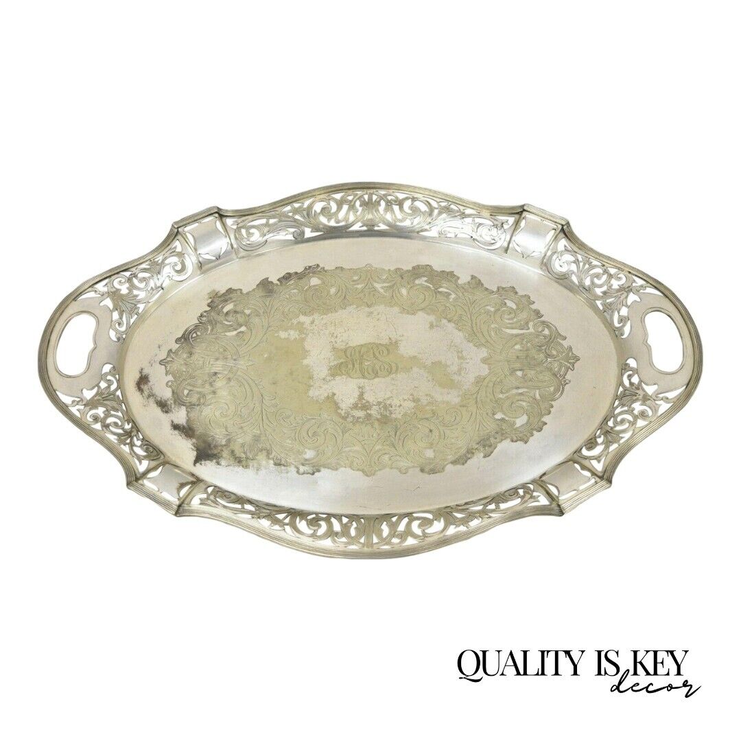 Antique D & H England 24" Silver Silver Plated Pierced Scalloped Platter Tray