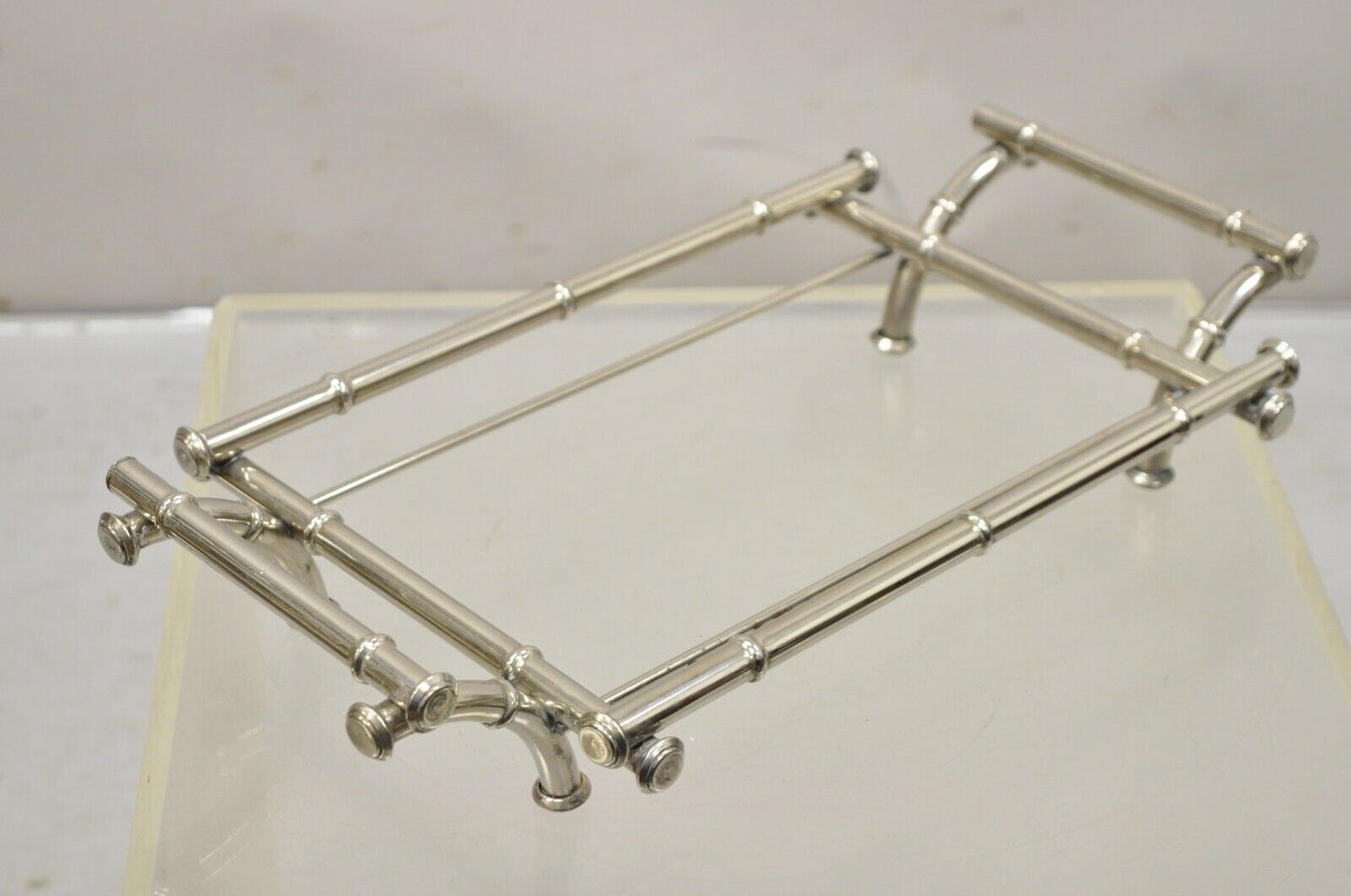 Vtg Italian Hollywood Regency Faux Bamboo Silver Plated Serving Platter Stand