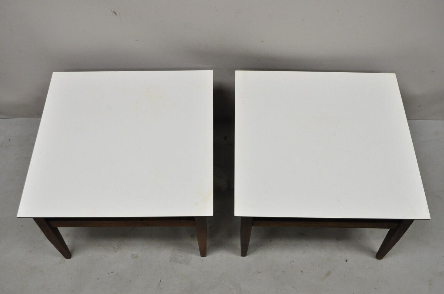 Vintage Mid Century Walnut Base Laminate Top Low Side Tables - a Pair