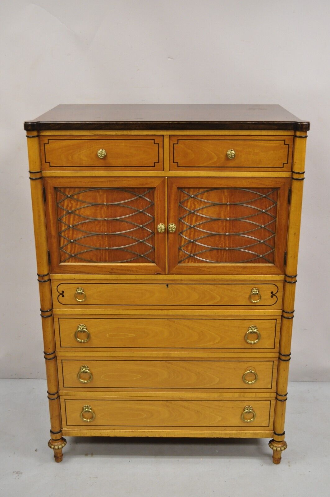 Vintage Kittenger Regency Neoclassical Satinwood & Rosewood Tall Chest Dresser