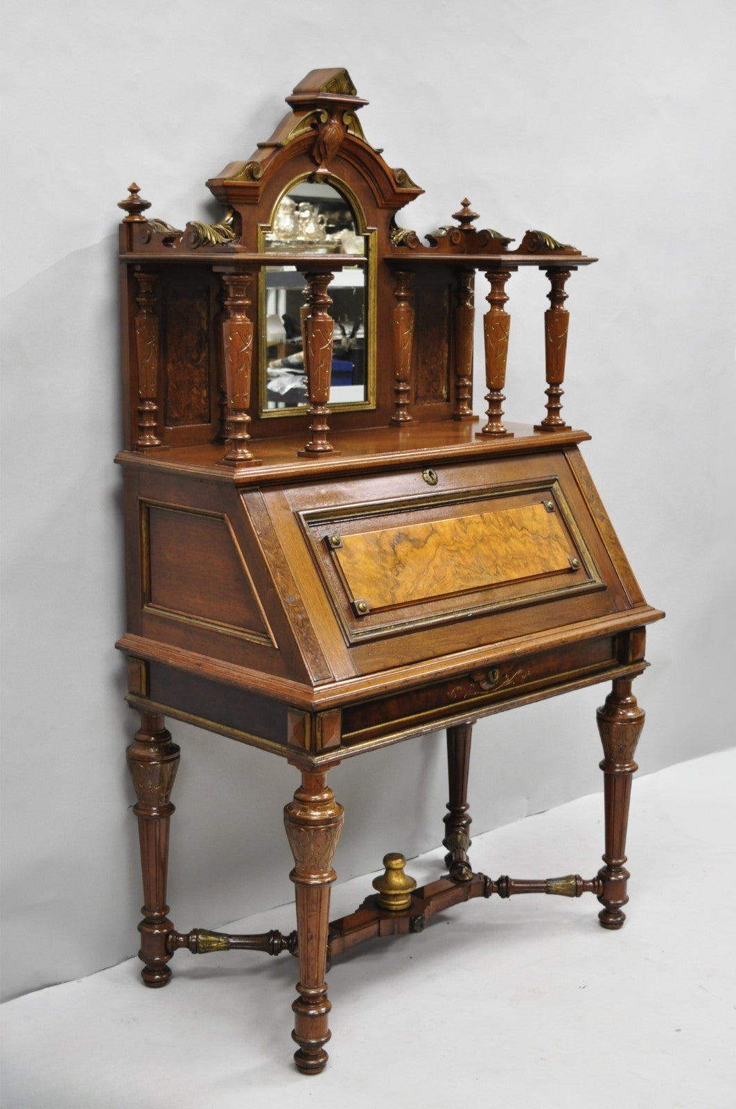 Antique Victorian Burl Walnut Slant Front Secretary Writing Desk with Mirror