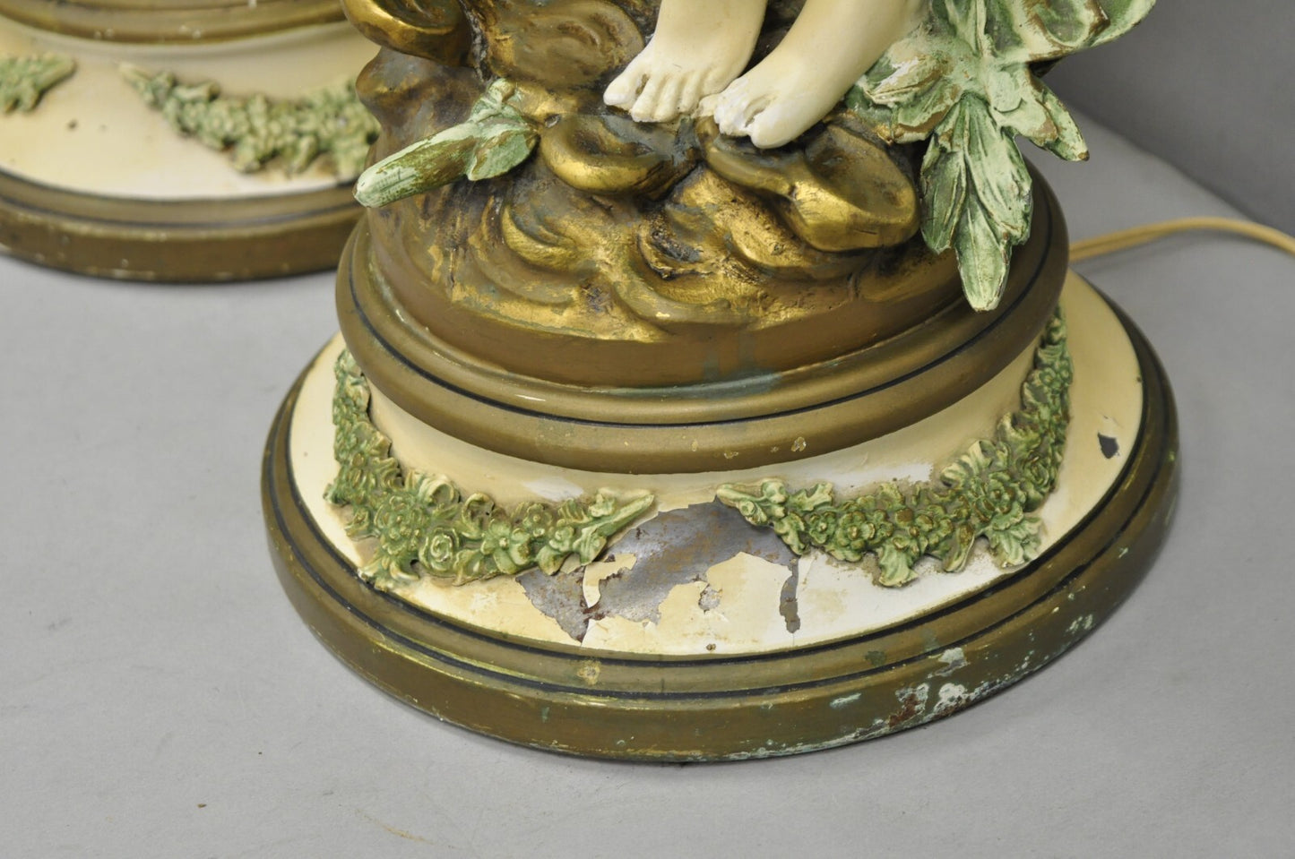 Antique French L&F Moreau Painted Metal Figural Mother & Child Table Lamps Pair
