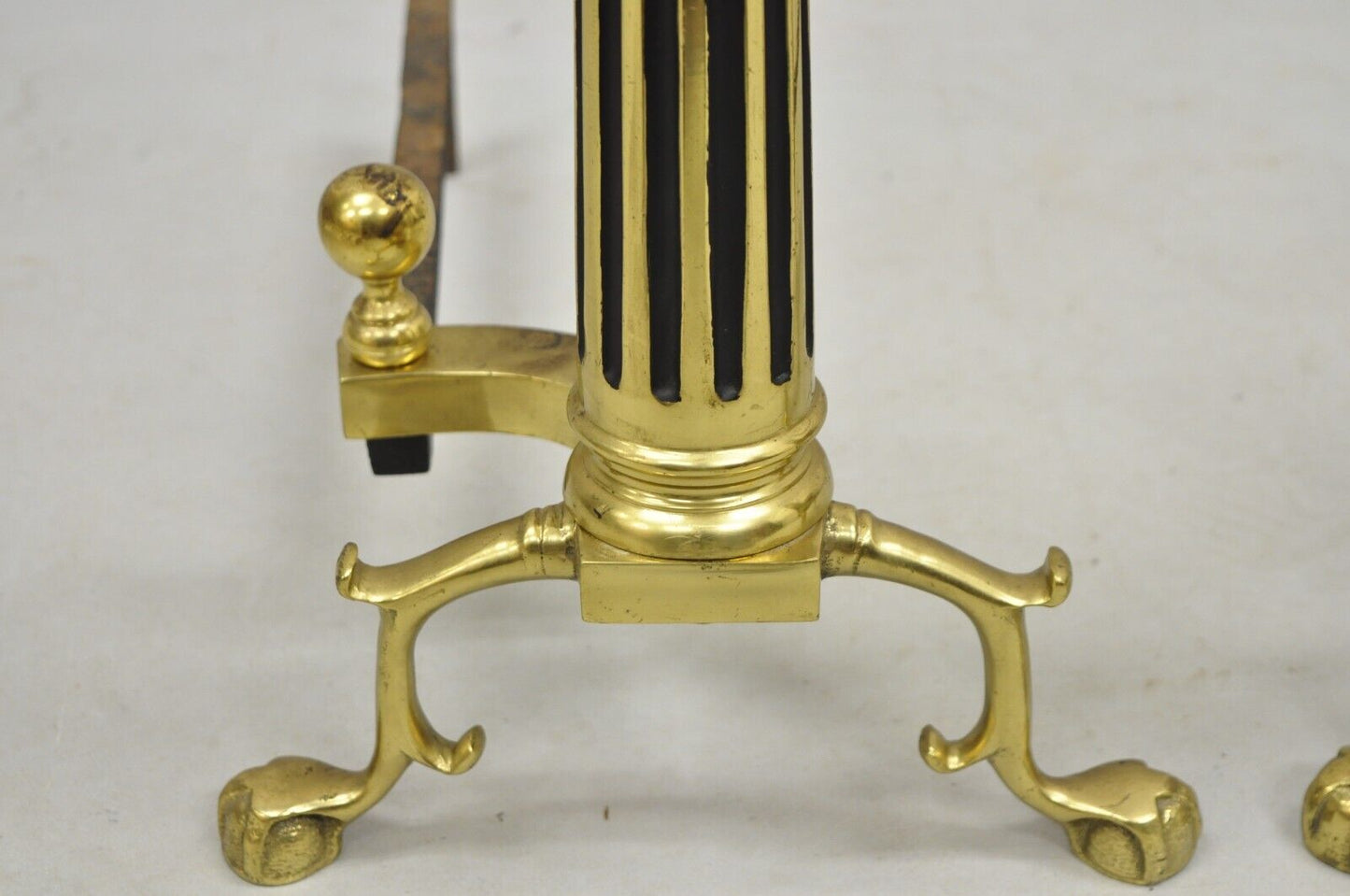 Vintage French Empire Style Brass Cannonball Column Form Branch Foot Andirons