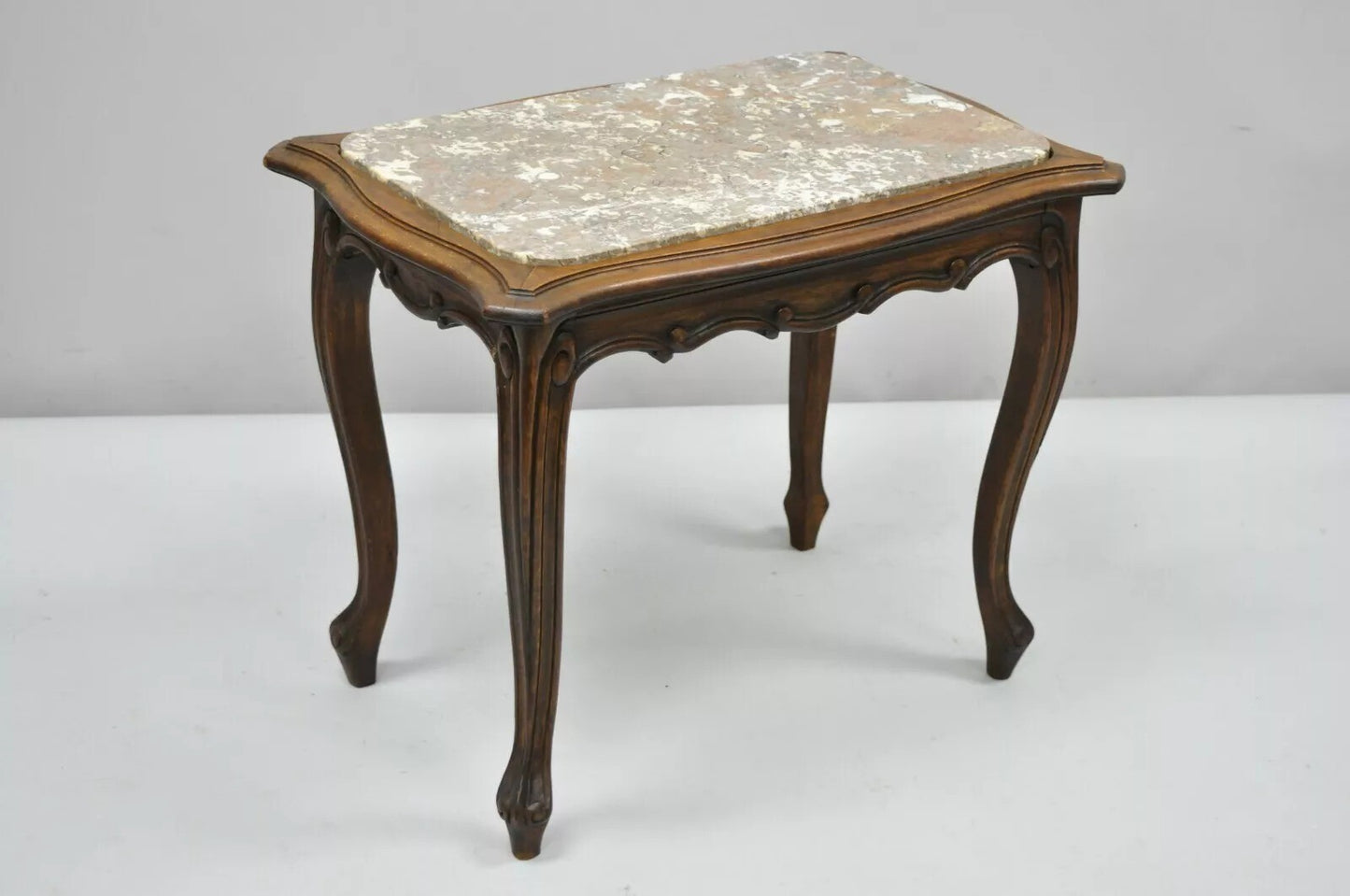Vintage French Louis XV Style Walnut Marble Top Small Side Coffee Table