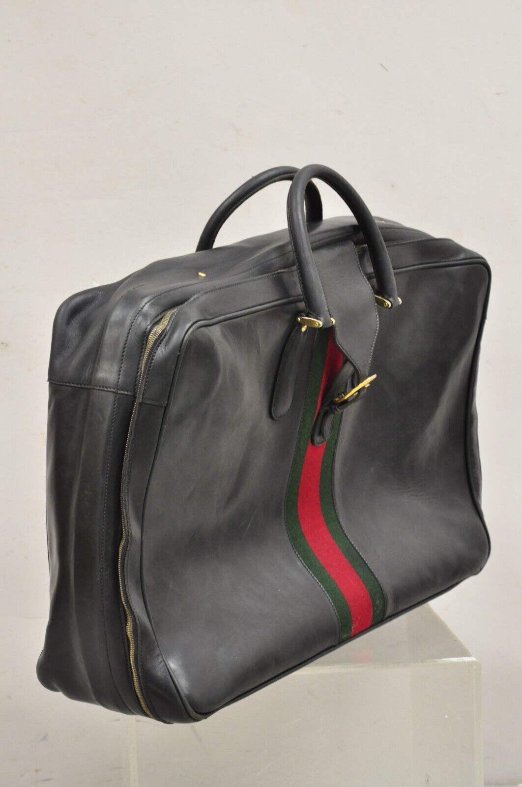 Vintage Gucci Large Black Leather Suitcase Luggage Travel Bag Green Red Webbing