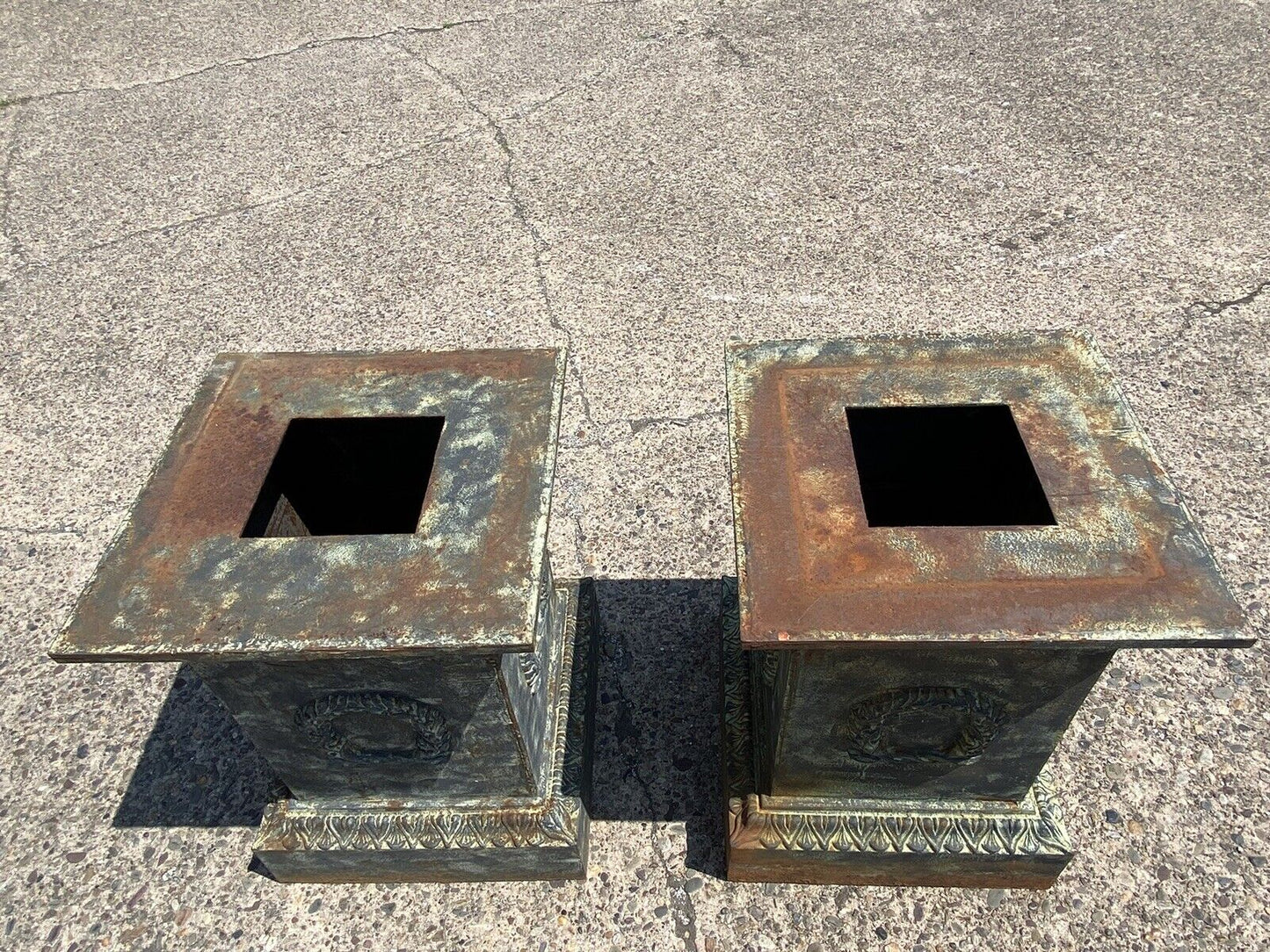 Pair Large Neoclassical Style Cast Iron Wreath Green Garden Urn Pedestal Base