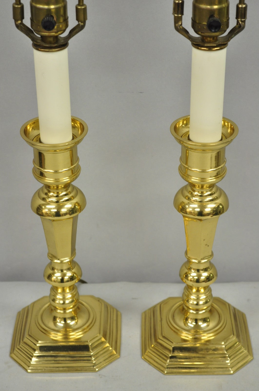 Vintage Federal Style Polished Brass Candlestick Small Vanity Table Lamps a Pair
