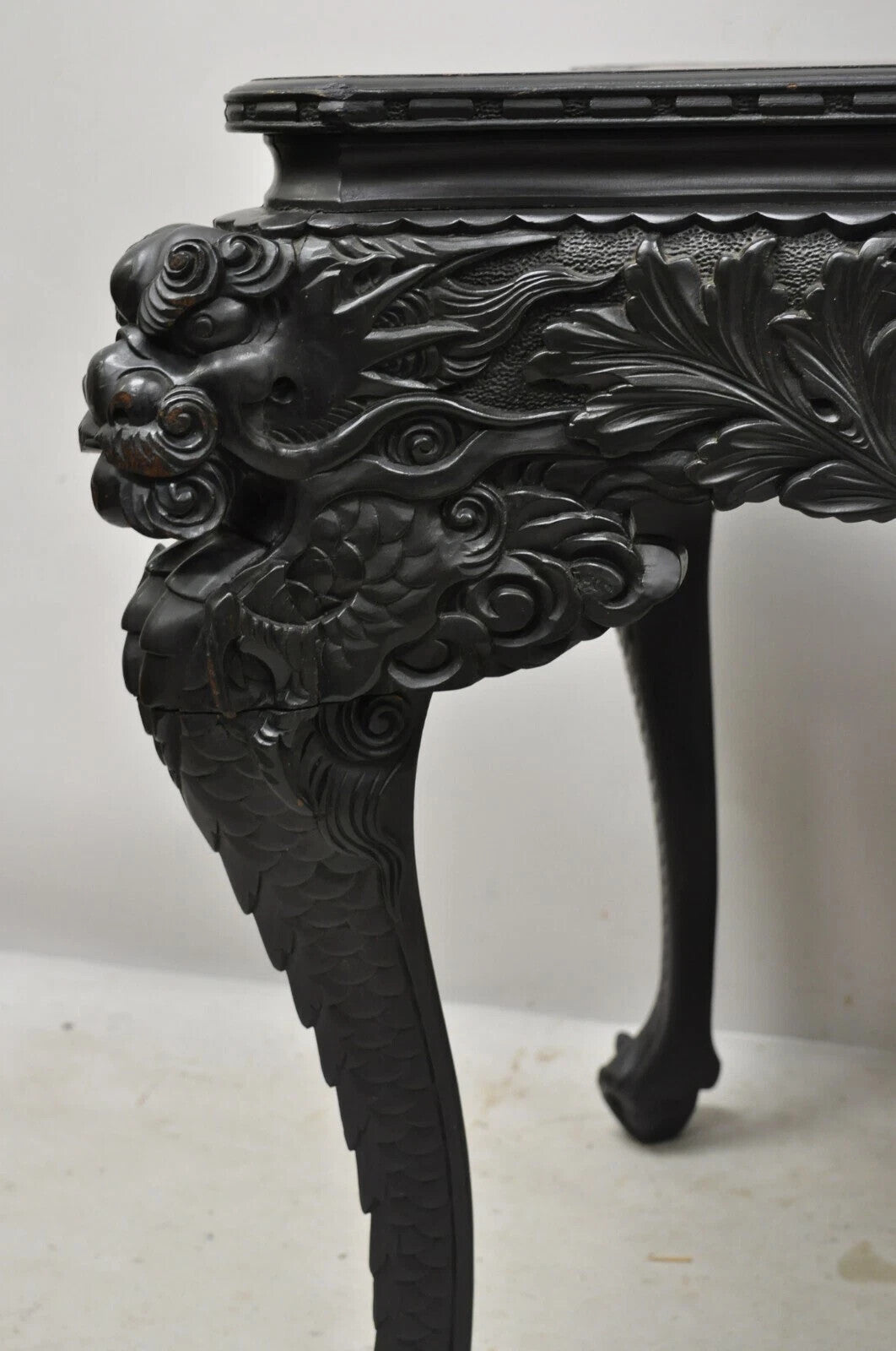 Antique Japanese Meiji Export Hardwood Mt. Fuji Dragon Carved Desk and Chair Set