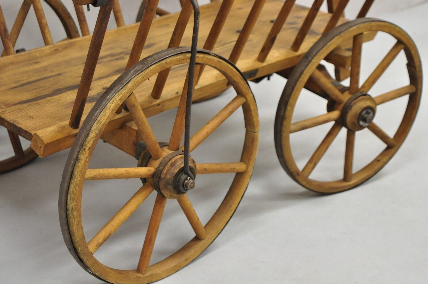 Antique French Primitive Wooden Goat Cart Wagon Farmhouse Glass Top Coffee Table