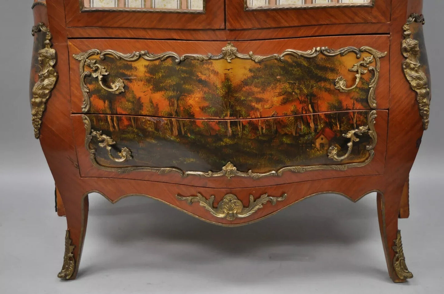 French Louis XV Style Reproduction Bombe Curio China Cabinet Vitrine with Bronze