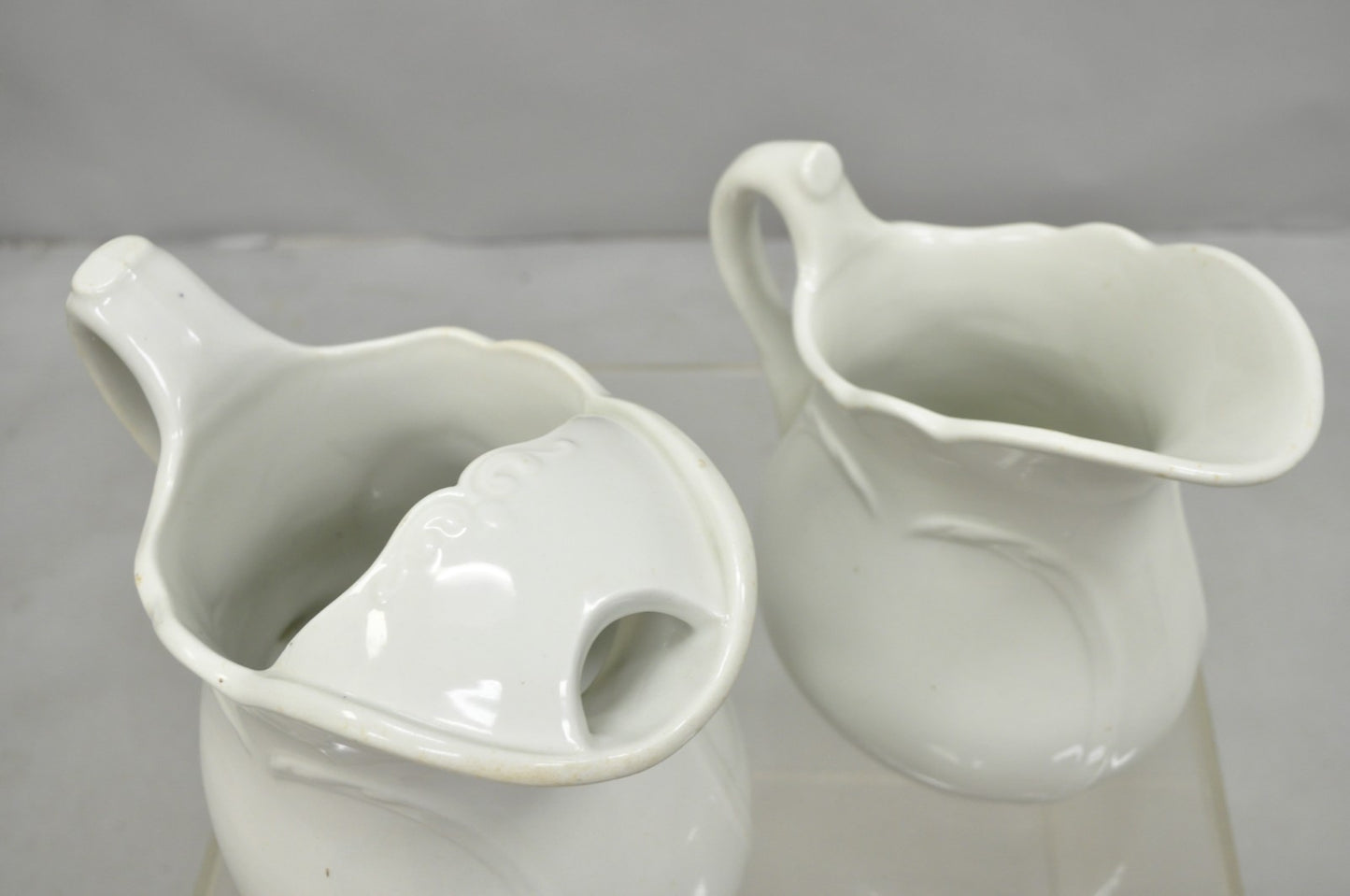 Vintage English Ironstone White Farmhouse Milk Water Pitchers - Set of 2