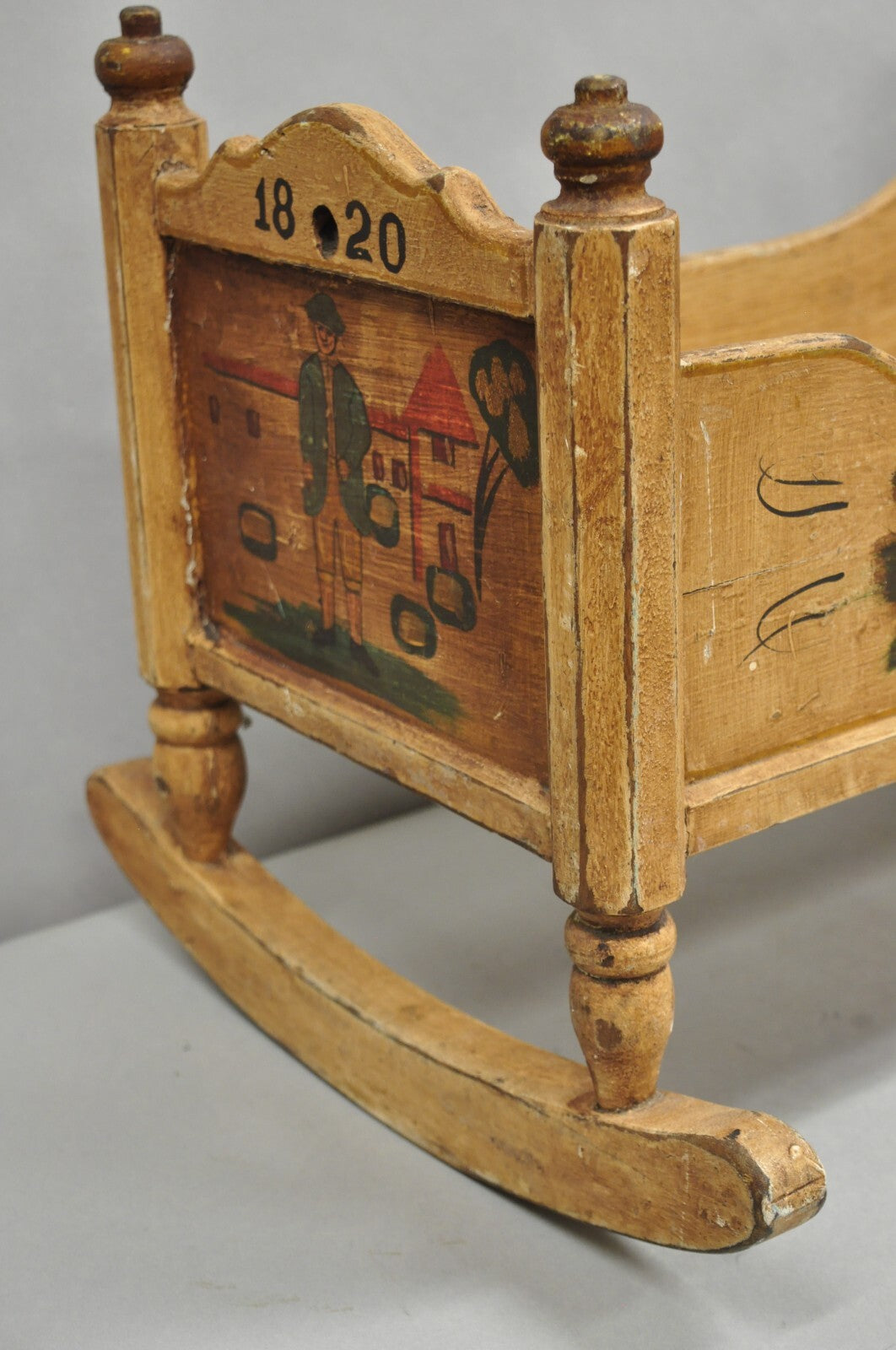 Antique Colonial Figural Painted "1820" Wooden Baby Doll Cradle