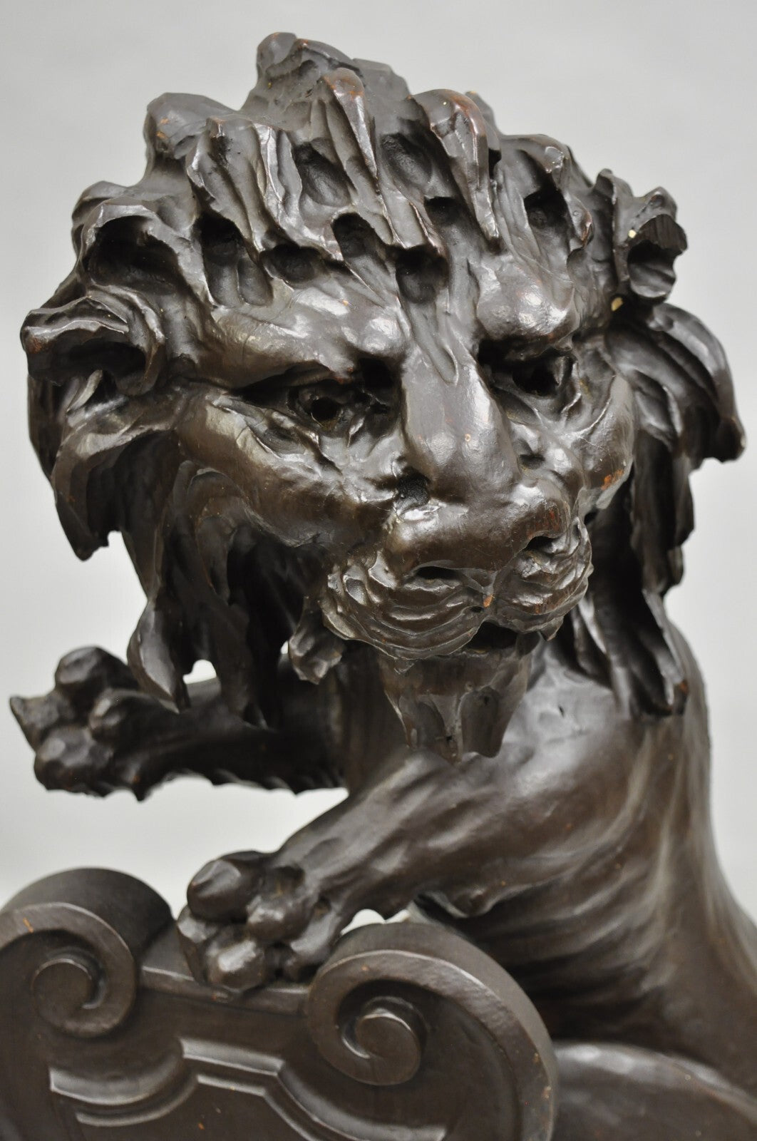 Antique Renaissance Revival Carved Oak Wood 20" Lion Architectural Elements Pair