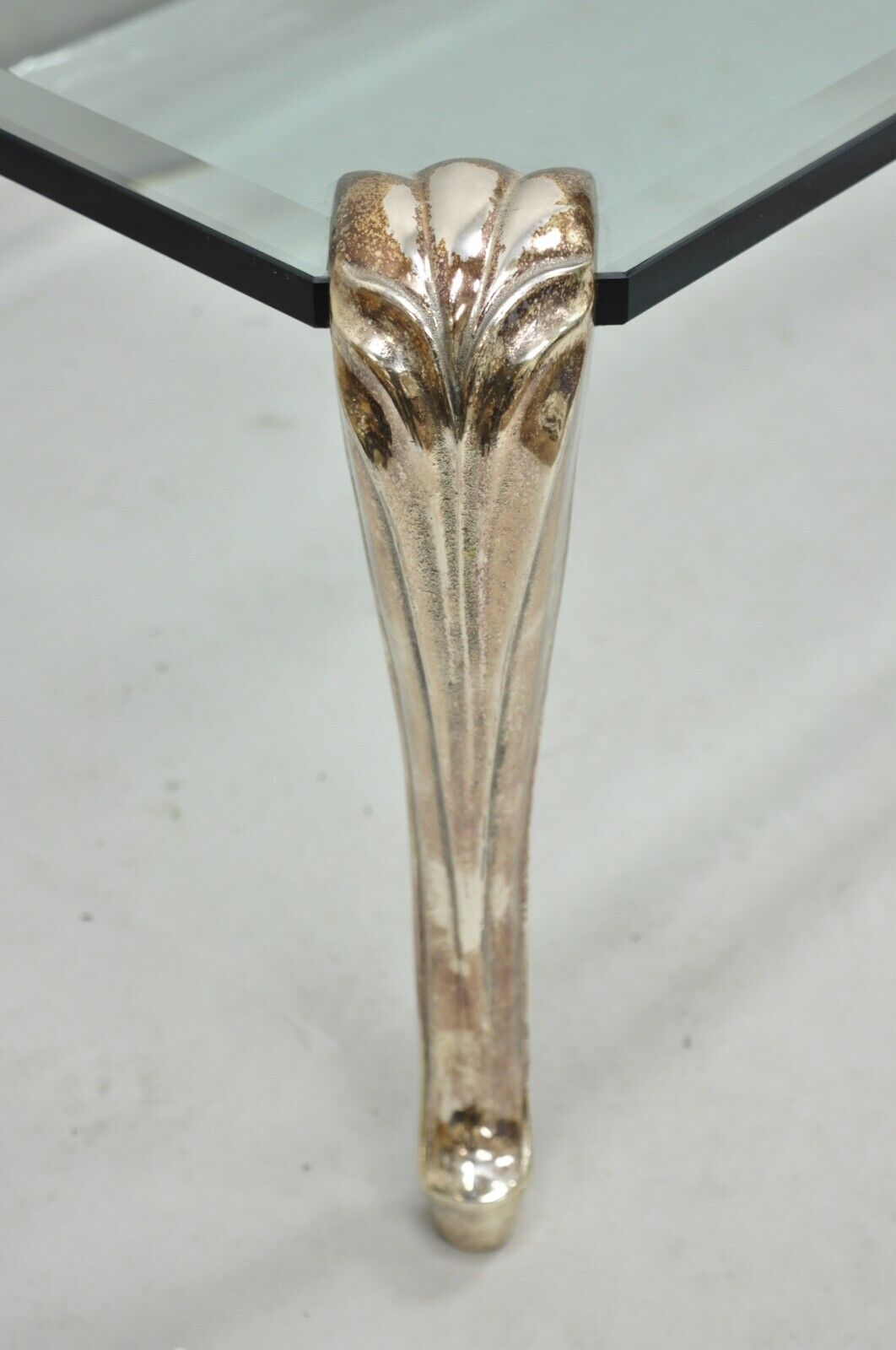 Vintage French Hollywood Regency Beveled Glass Bronze Cabriole Leg Coffee Table