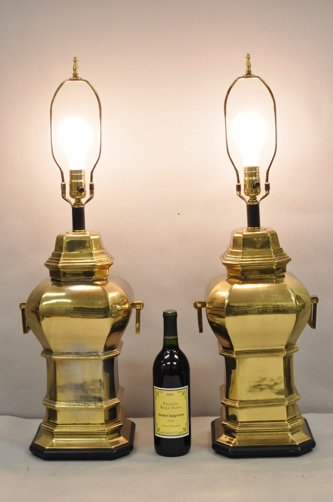 Vintage Chinoiserie Chinese Ginger Jar Brass Plated Metal Table Lamps - a Pair