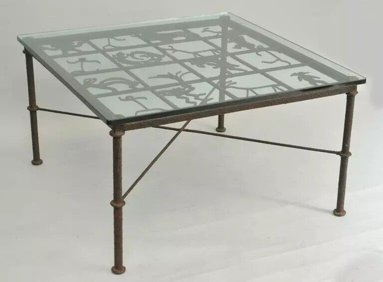 Native American Glyph Figures Metal and Glass Square Brutalist Coffee Table